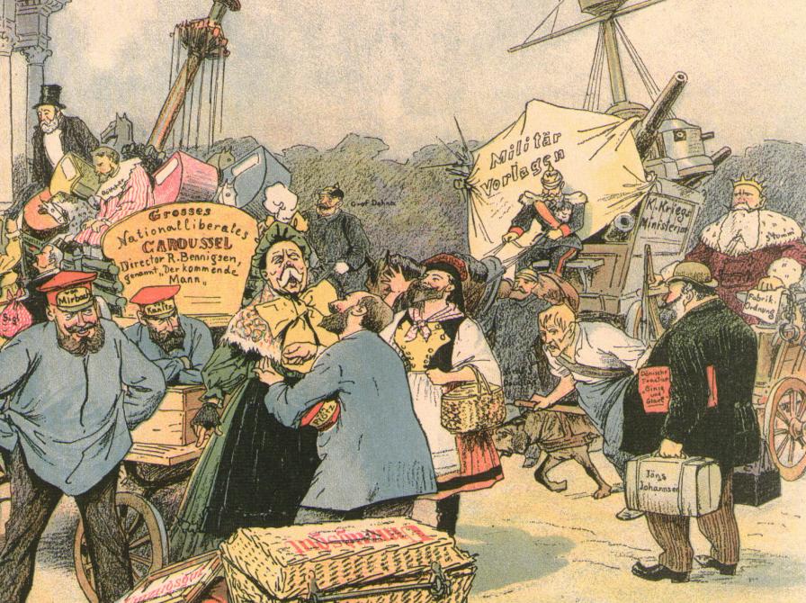 Karrikatur, som viser Gustav Johannsens ankomst til rigsdagen i Berlin. Det var her han arbejdede for en byttehandel.